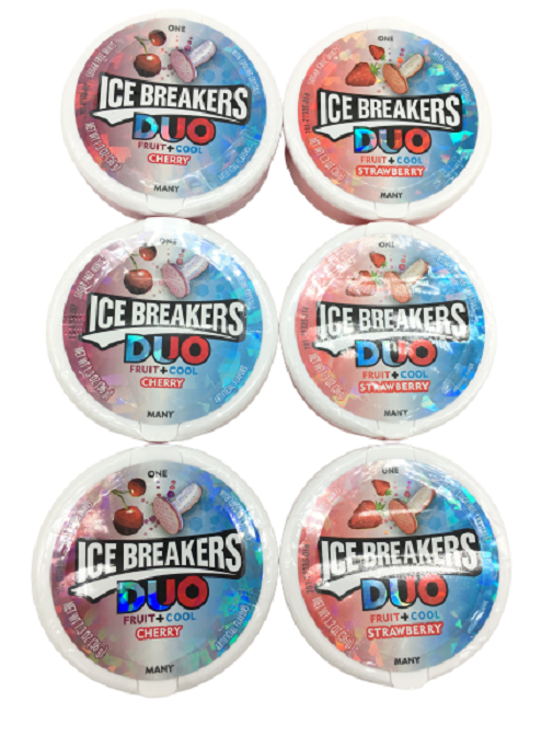 LOT OF 6 ICE BREAKERS FRUIT DUO SUGAR FREE MINTS 3 STRAWBERRY 3 CHERRY ...