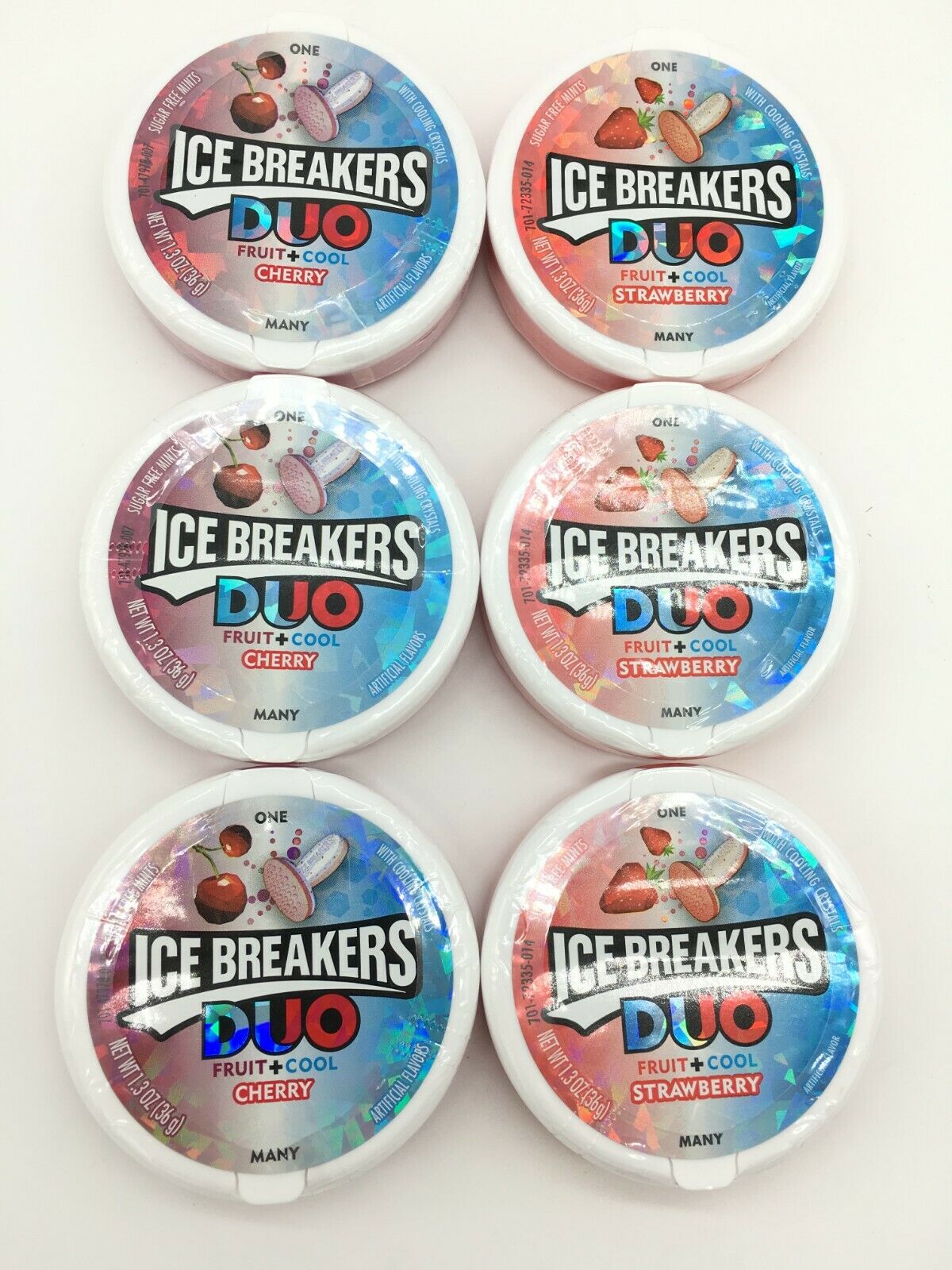 LOT OF 6 ICE BREAKERS FRUIT DUO SUGAR FREE MINTS 3 STRAWBERRY 3 CHERRY ...